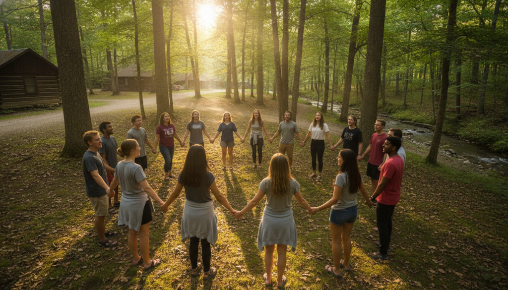 Counsellors enjoying camp traditions together Counsellors enjoying camp traditions together
