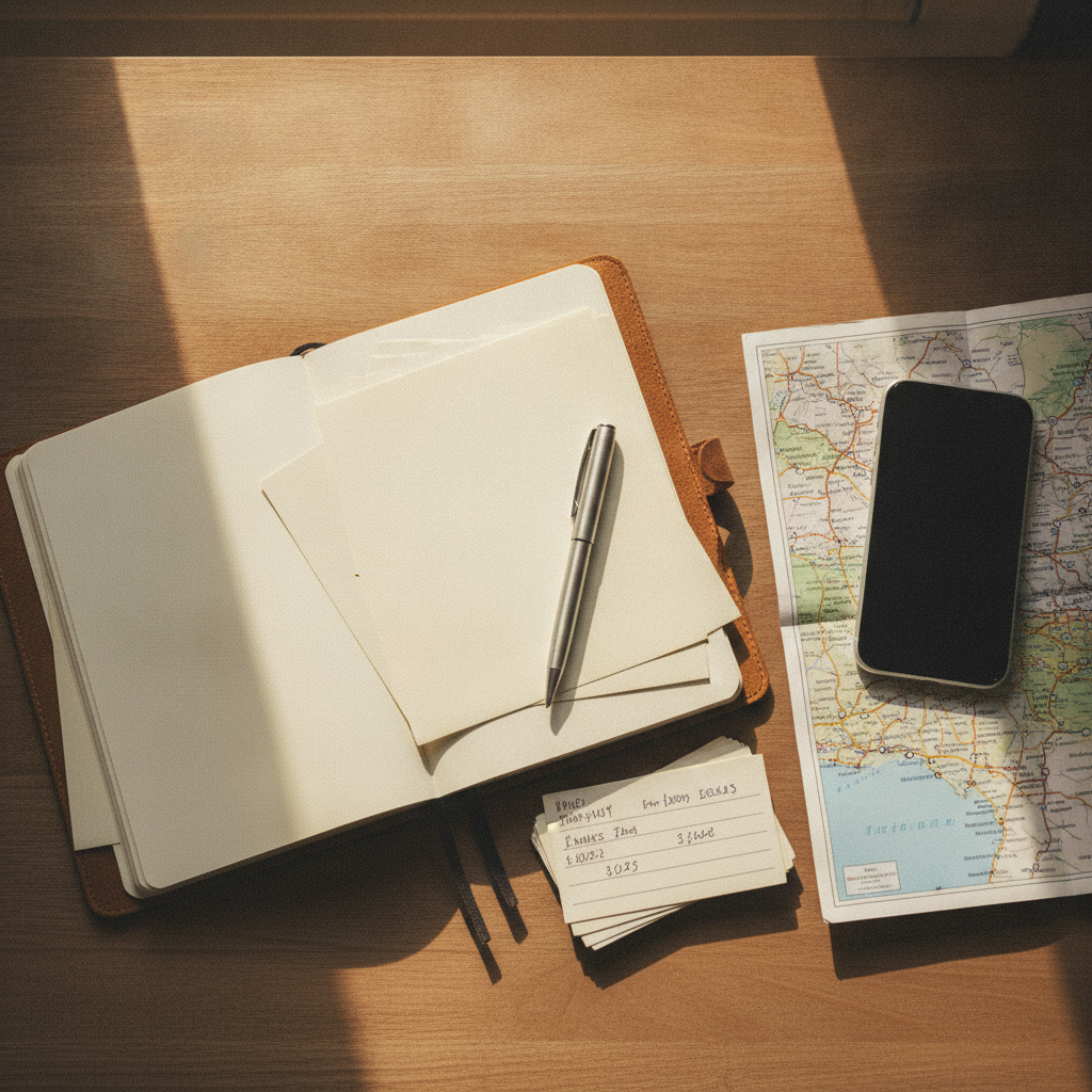 Post camp travel planning with a route map and notebook Post camp travel planning with a route map and notebook
