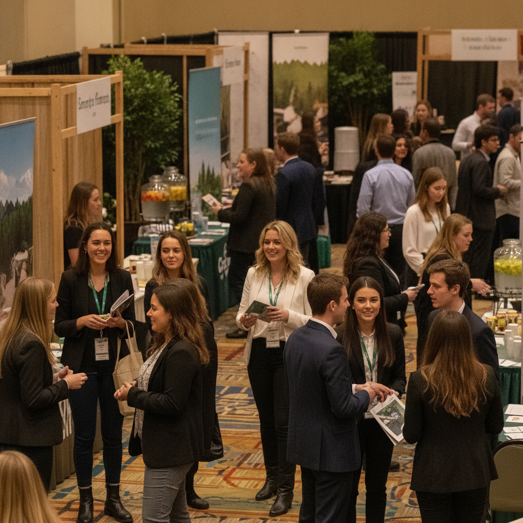 Young adults networking at a camp fair