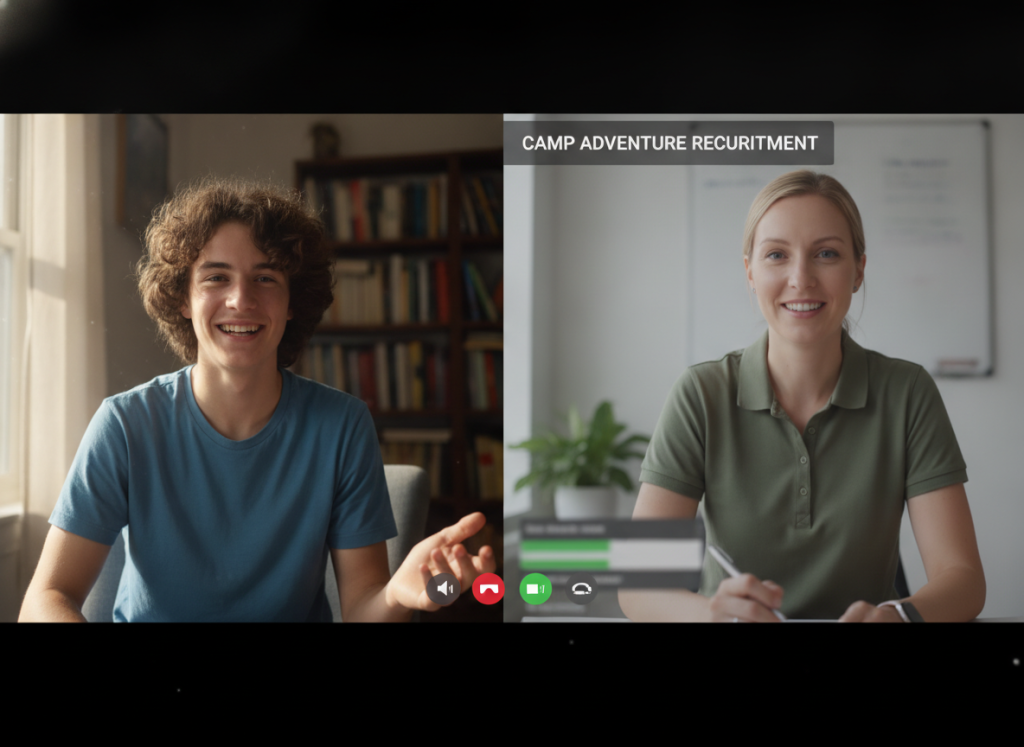 applicant discussing summer camp work by video call applicant discussing summer camp work by video call