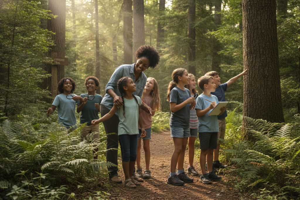 summer camp counsellor leading children in an activity summer camp counsellor leading children in an activity