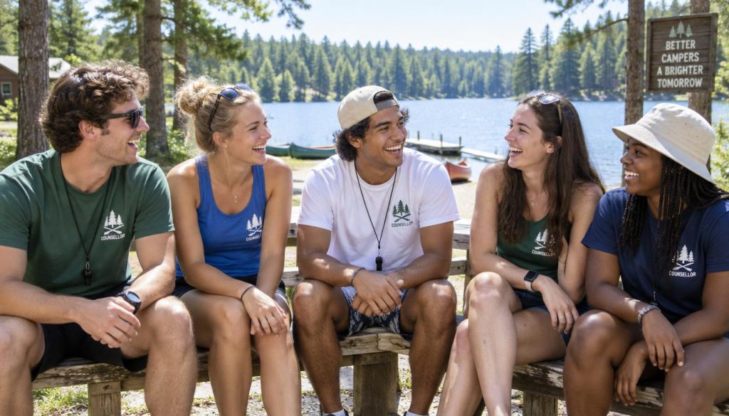 A group of smiling summer camp counsellors talking together outdoors