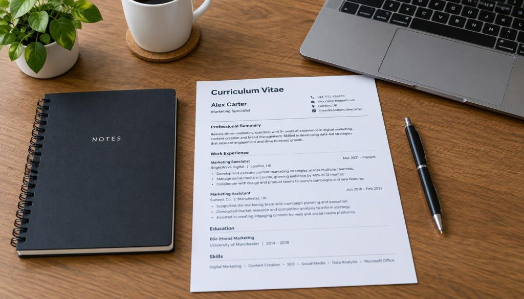CV and interview notes prepared for a USA summer camp job fair