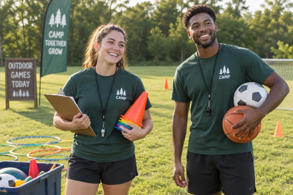 Camp counsellors collaborating during outdoor team activities