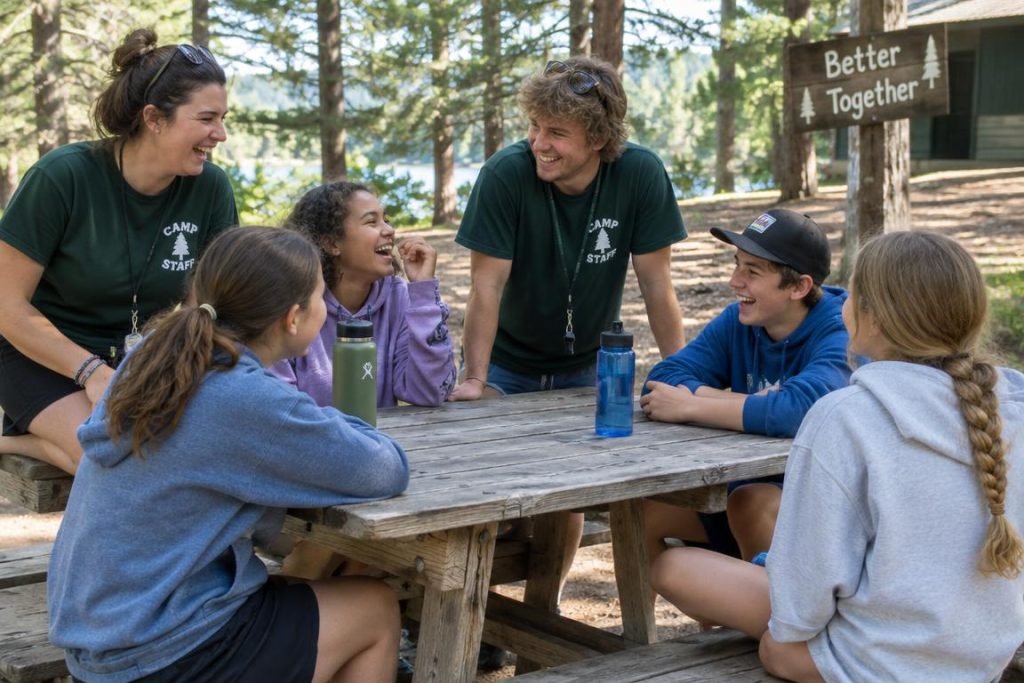 Campers gathered around a wooden dining table outdoors