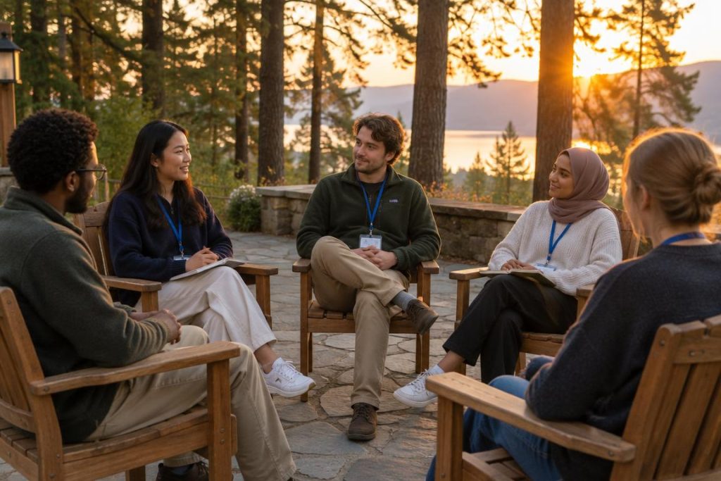 Summer camp counsellors sitting together at sunset sharing stories