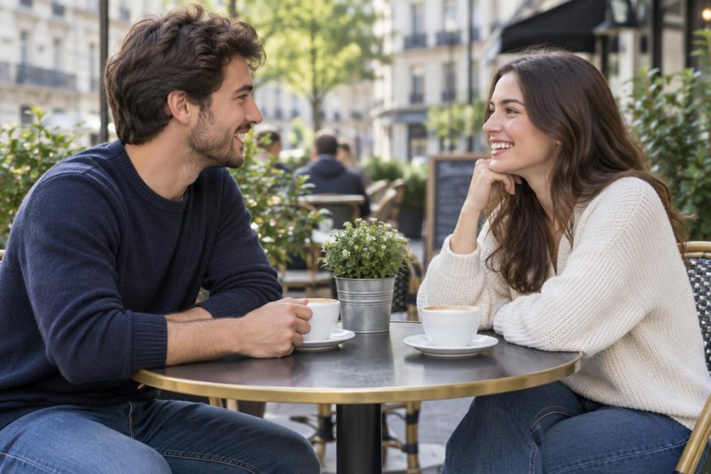 Two former camp counsellors catching up in a city coffee shop