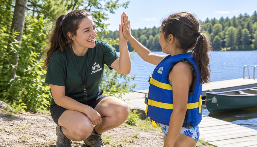 camp counsellor encouraging a young camper camp counsellor encouraging a young camper
